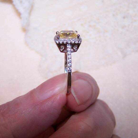 Sterling Silver Pale Yellow and Clear Cubic Zirconia CZ Engagement Ring - Size 6 - Picture 6 of 7